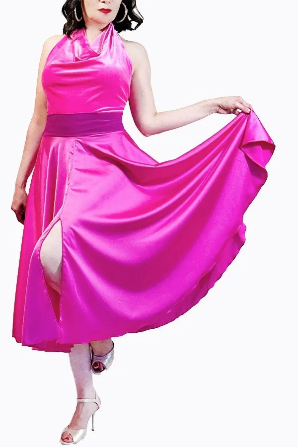 pink satin full circle skirt with slits