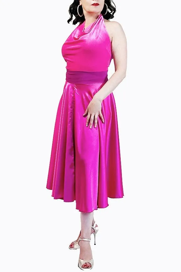 pink satin full circle skirt with slits