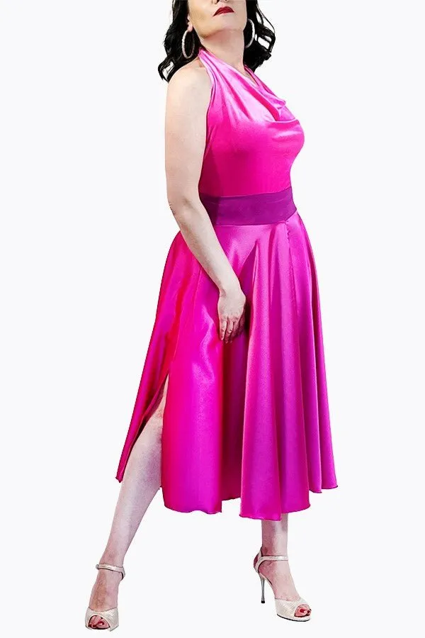 pink satin full circle skirt with slits