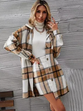 Plaid Button Up Long Sleeve Coat and Skirt Set