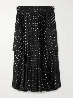 Pleated polka-dot satin midi wrap skirt