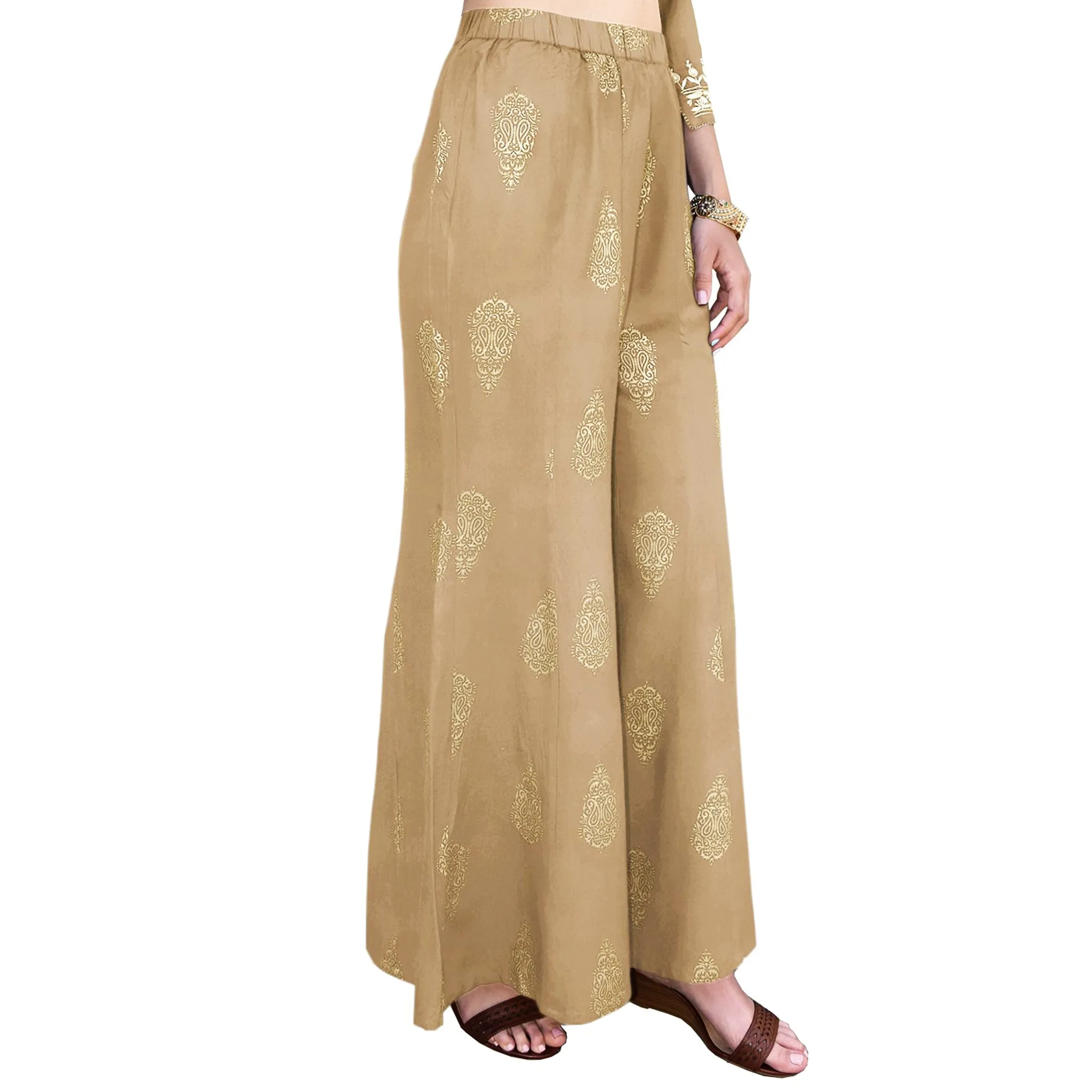 Pria Rayon Pure gold printed Paneled Palazzo Pants