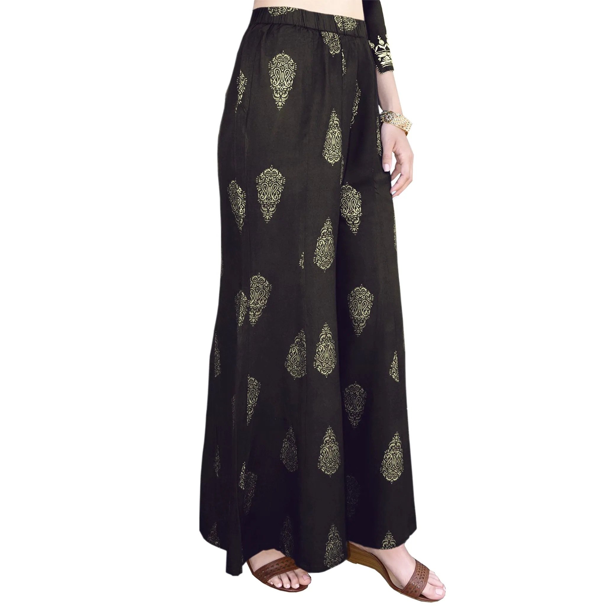 Pria Rayon Pure gold printed Paneled Palazzo Pants