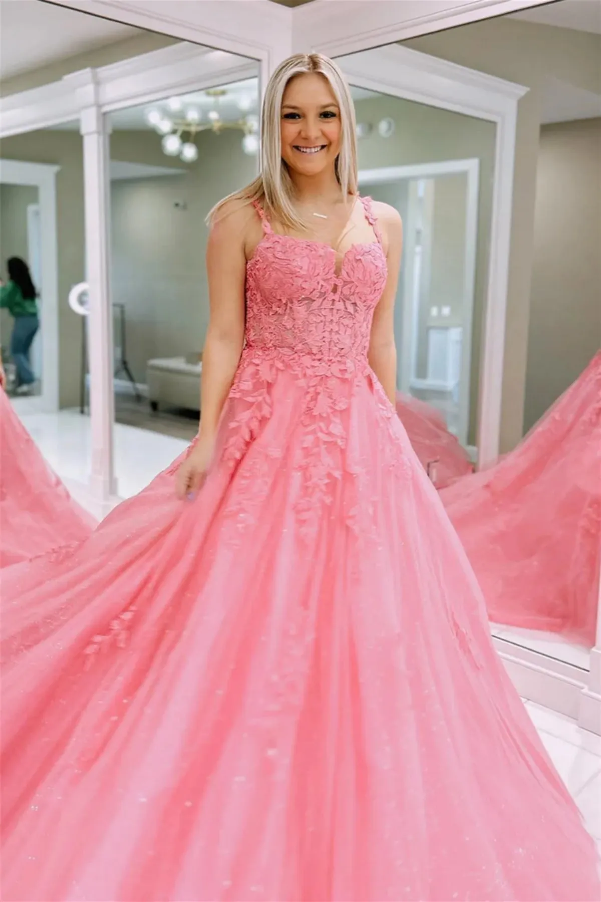 Princess Pink Lace Long Prom Dress, Pink Lace Formal Dress, Pink Tulle Evening Dress A1981