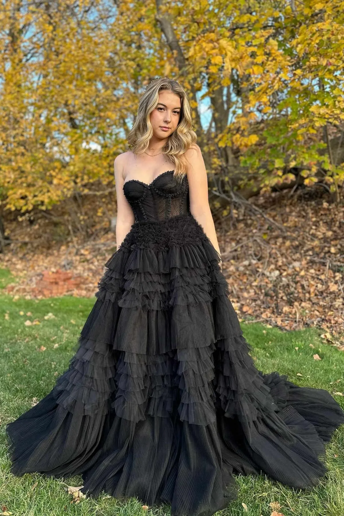 Princess Sweetheart Neck Strapless Black Tulle Long Prom Dress, Layered Black Formal Evening Dress, Ball Gown A2055