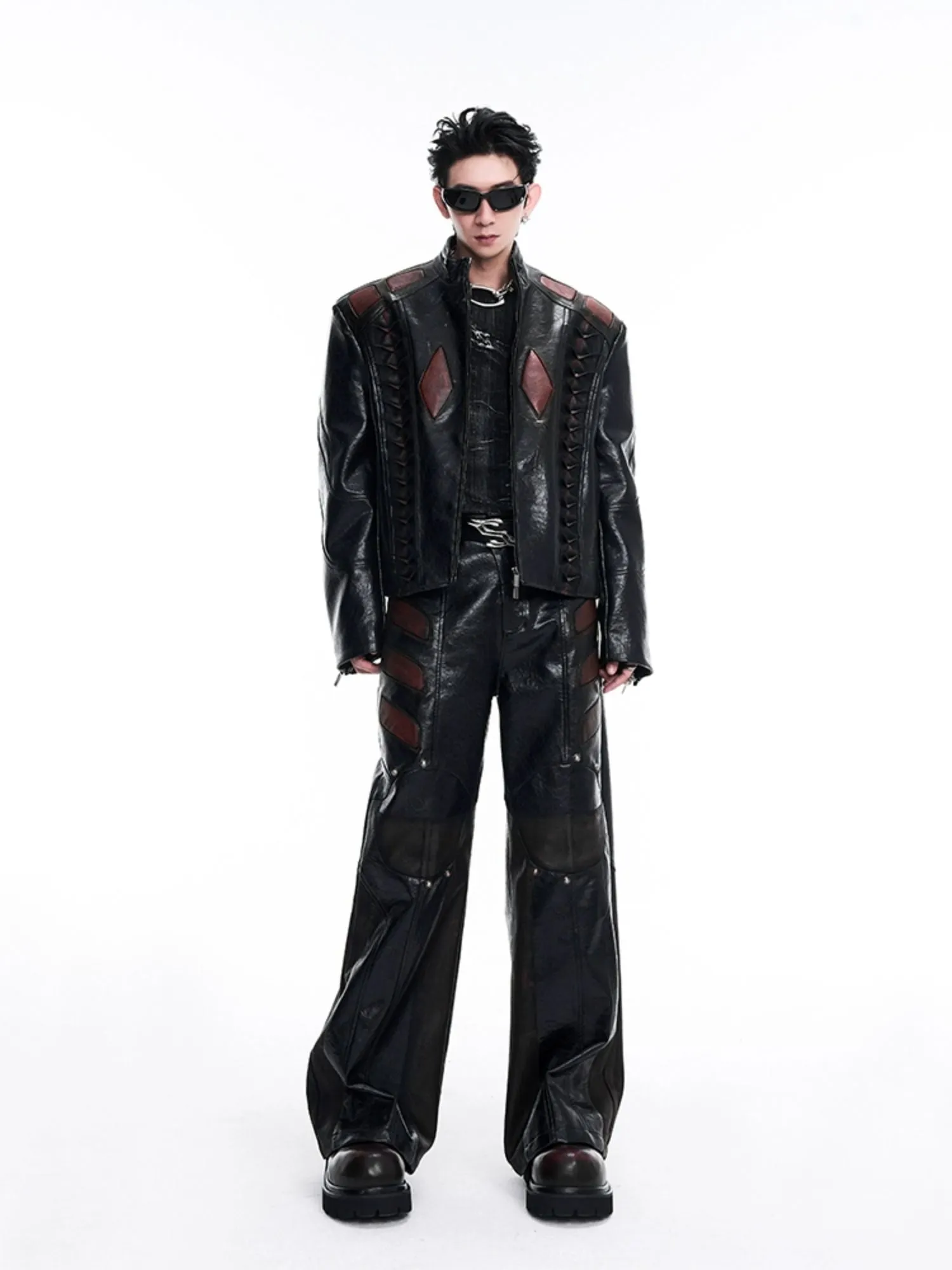 Quilted Thickened Splicing Leather Jacket & Wide-Leg PU Leather Pants Setup WN10229