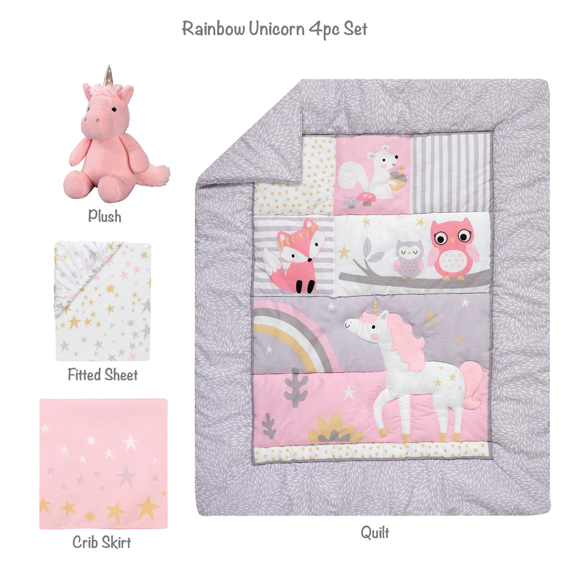 Rainbow Unicorn 4-Piece Crib Bedding Set