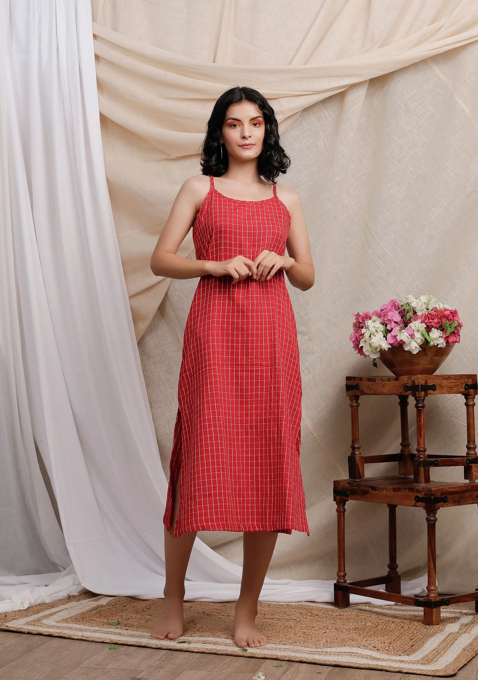 Red Gamcha Slip Kurta Dress