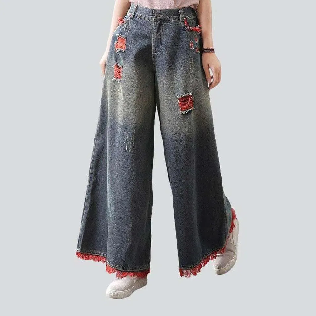 Red ripped women's culottes jeans