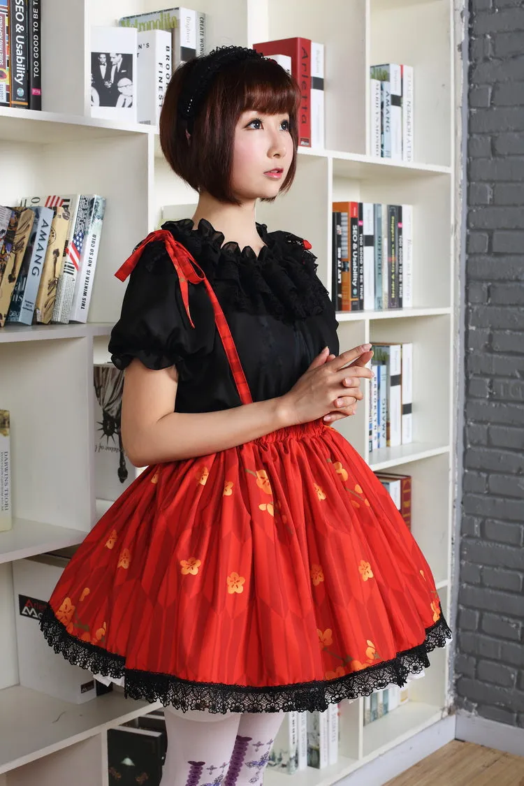 Red Sweet Short Skirt Lovely Japanese Plum Flower Printed Lolita Skirt