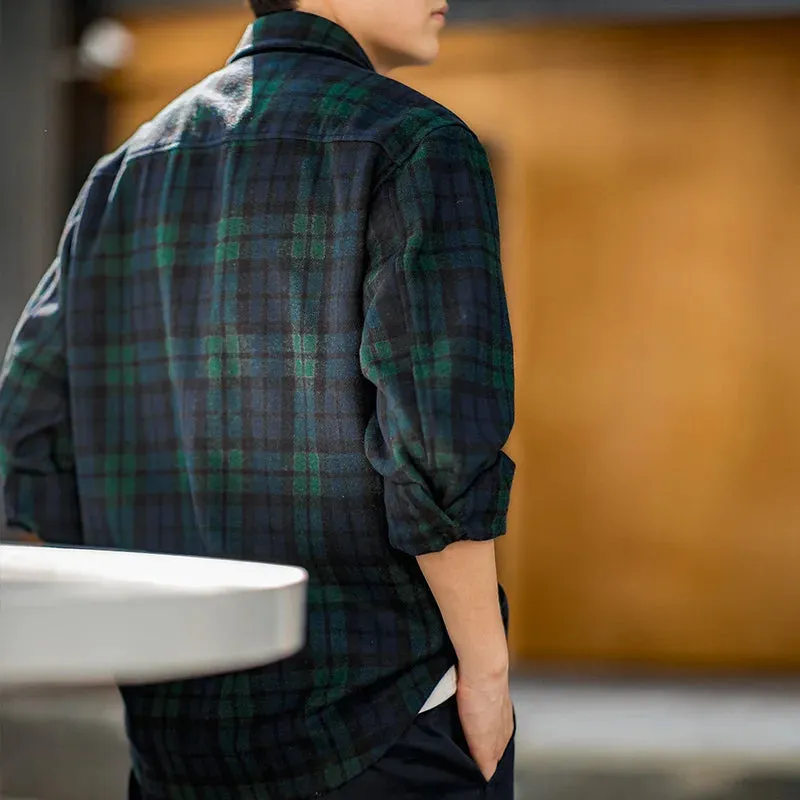 Retro Blue Green Plaid Wool Jacket - Loose Thick Plaid Shirt Jacket