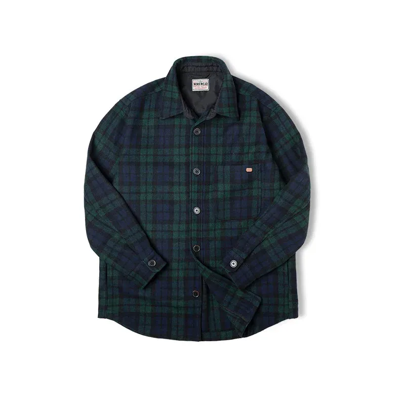 Retro Blue Green Plaid Wool Jacket - Loose Thick Plaid Shirt Jacket