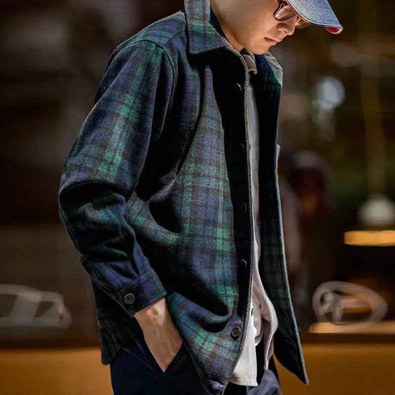 Retro Blue Green Plaid Wool Jacket - Loose Thick Plaid Shirt Jacket