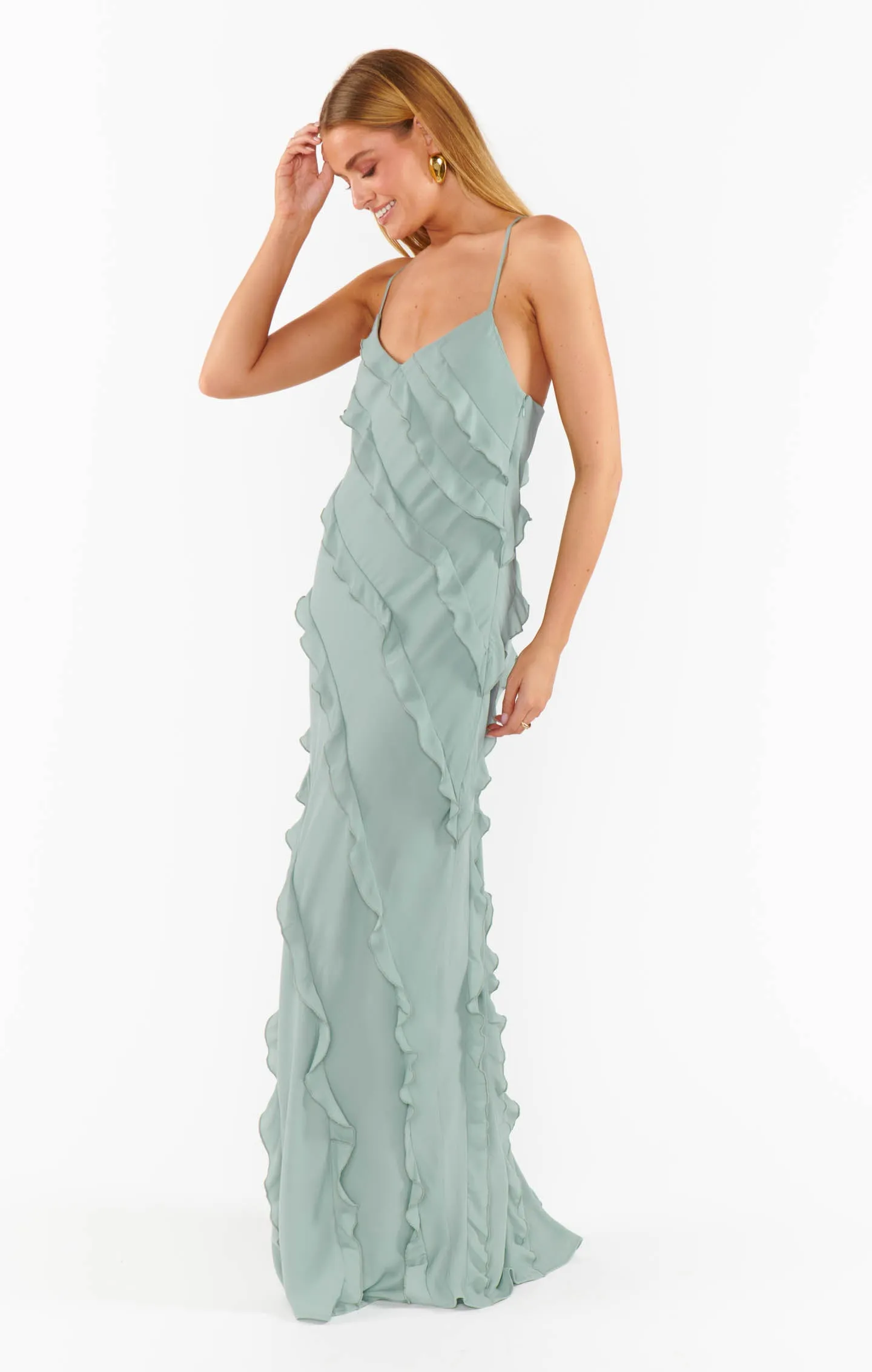 Romance Ruffle Dress ~ Silver Sage Crisp