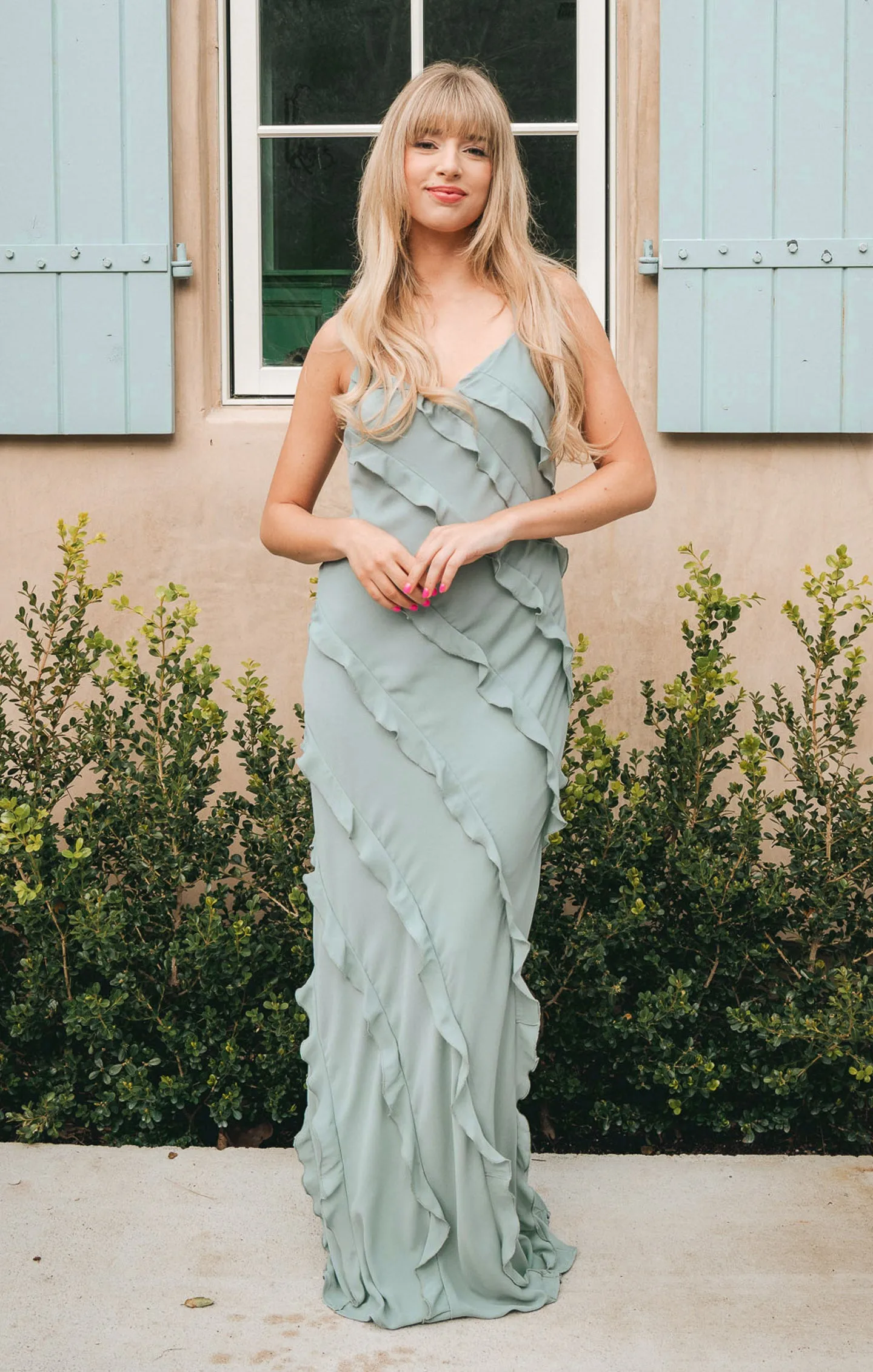 Romance Ruffle Dress ~ Silver Sage Crisp