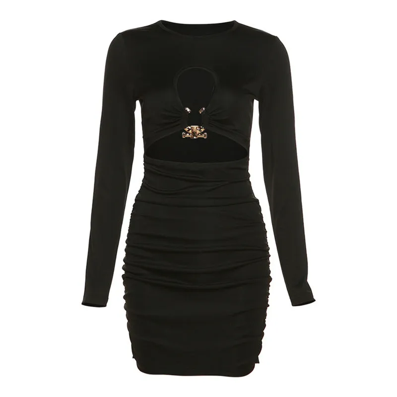 Round Neck Long Sleeve Hollow Bodycon Wrapped Hip Dress