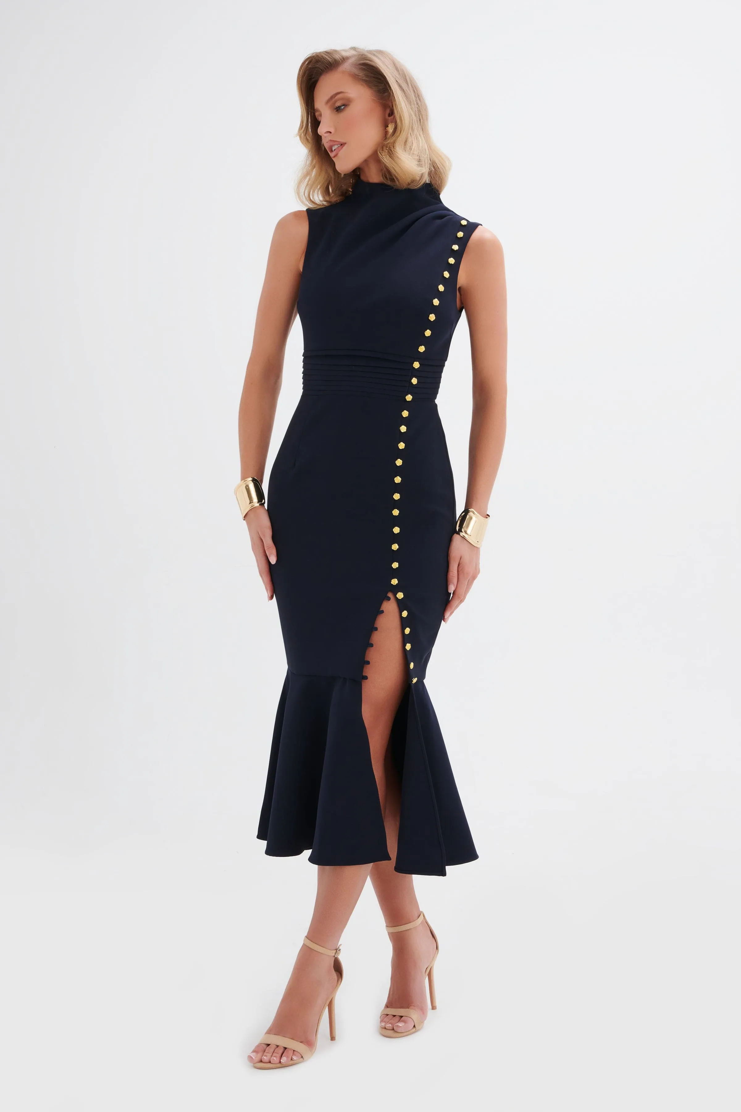 SAFFRON High Neck Rose Button Midi Dress in Navy