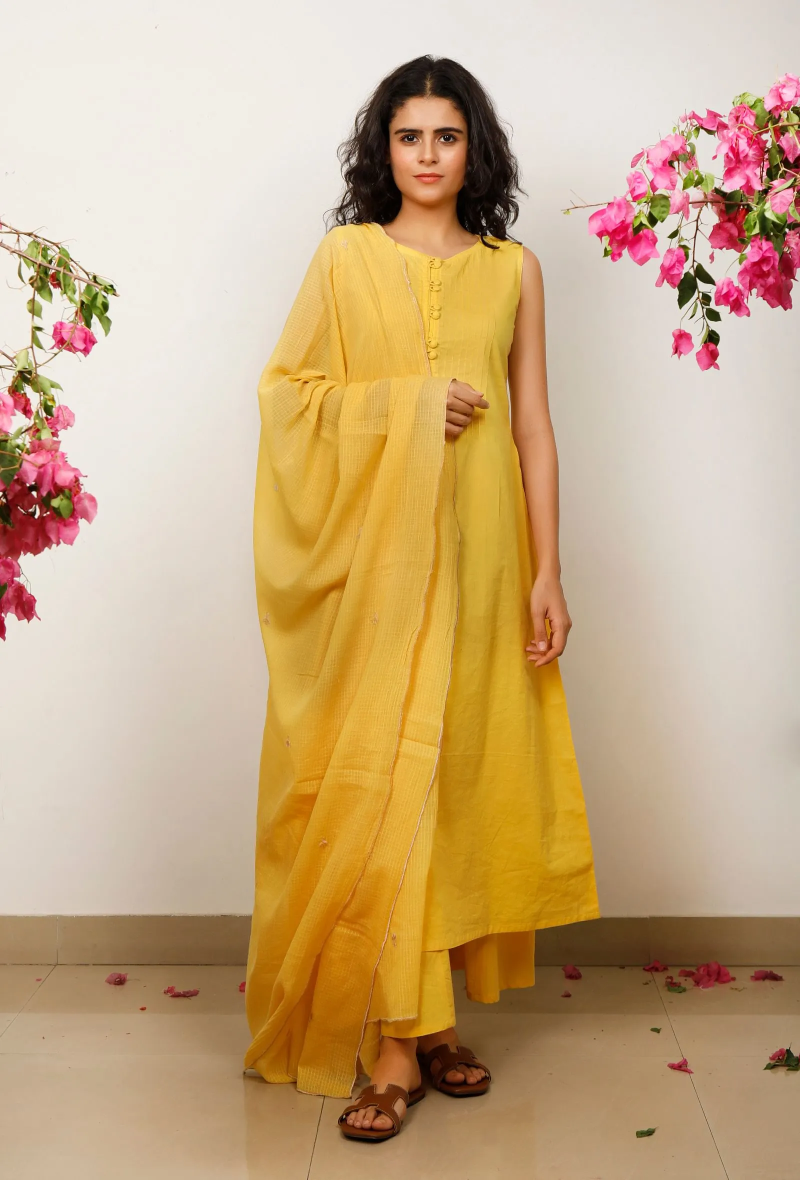 Set of 3: Yellow Solid flared sleeveless Cotton Kurta with Kota Dupatta and Solid Cotton Pants