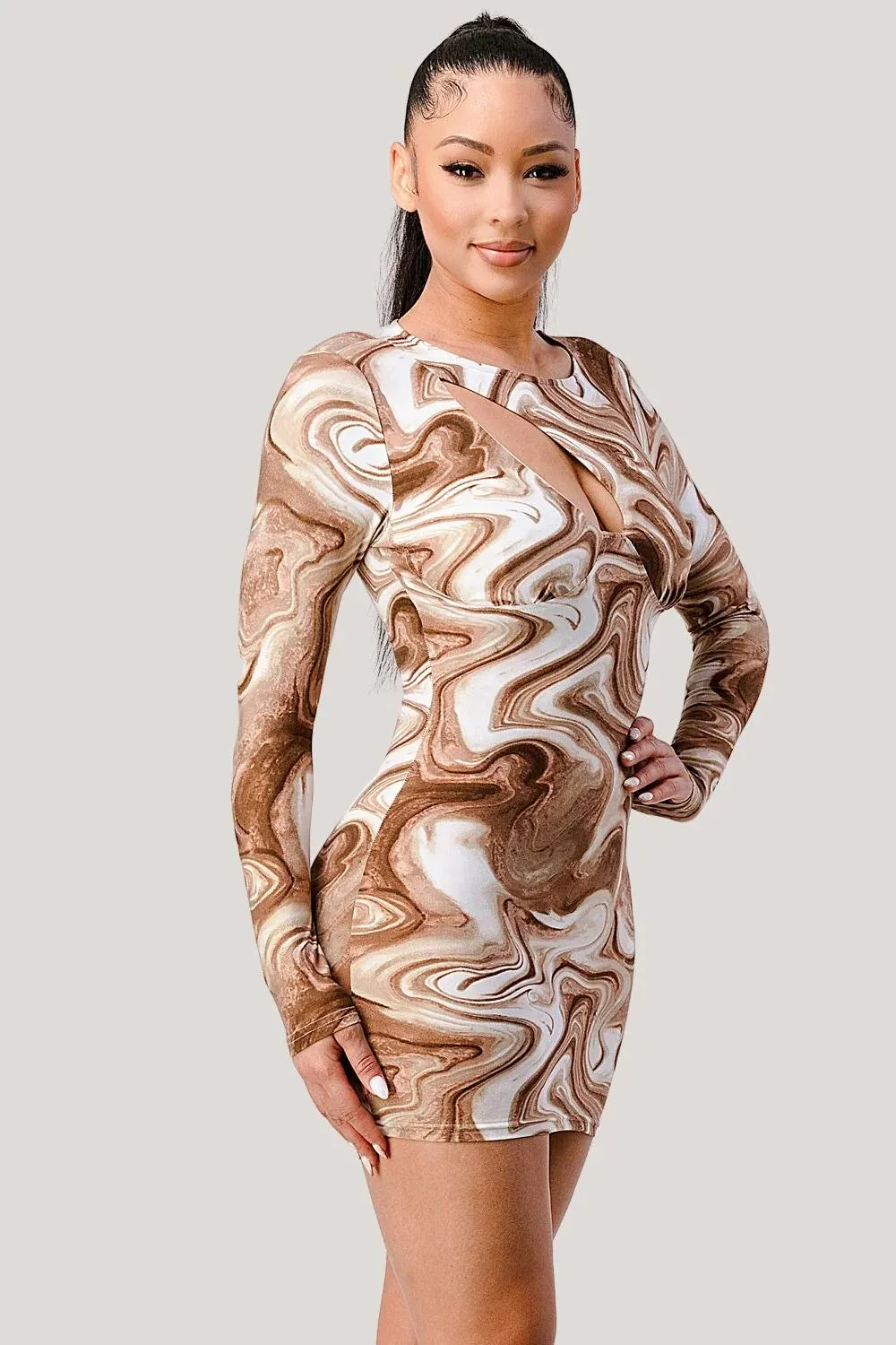 Sexy marble cutout front detail zipper closure bodycon mini dress