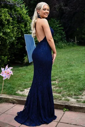 Sexy Mermaid Halter Neck Backless Long Blue Lace Prom Dress, Mermaid Blue Lace Formal Graduation Evening Dress