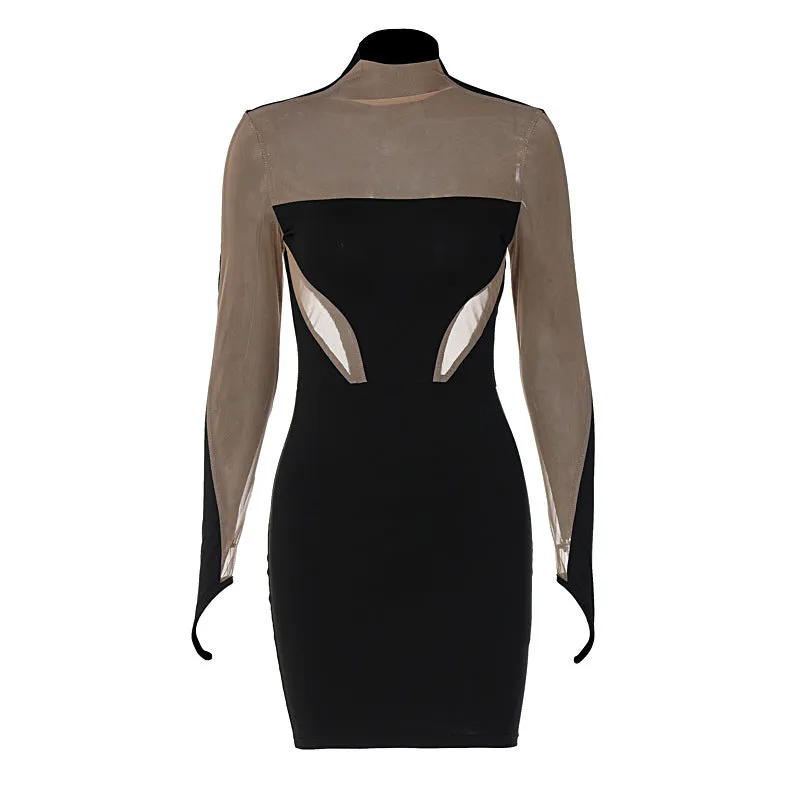 Sexy Mesh Slim Fit Patchwork Long Sleeve Bodycon Dress