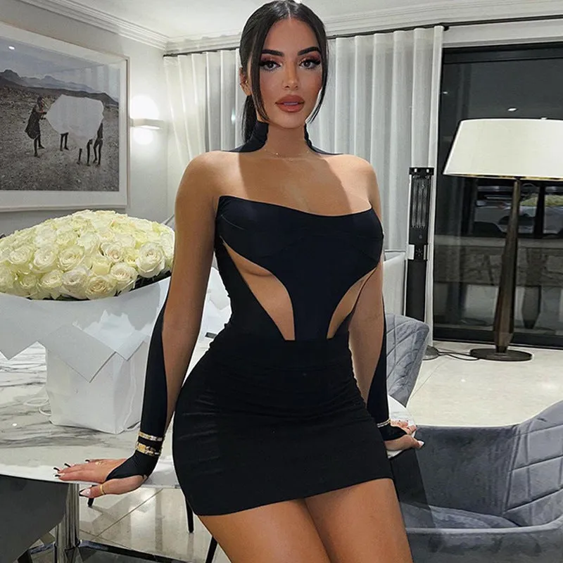 Sexy Mesh Slim Fit Patchwork Long Sleeve Bodycon Dress