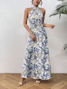 SHEIN Frenchy Women Plant Printed Long Casual Halter Dress For Vacation