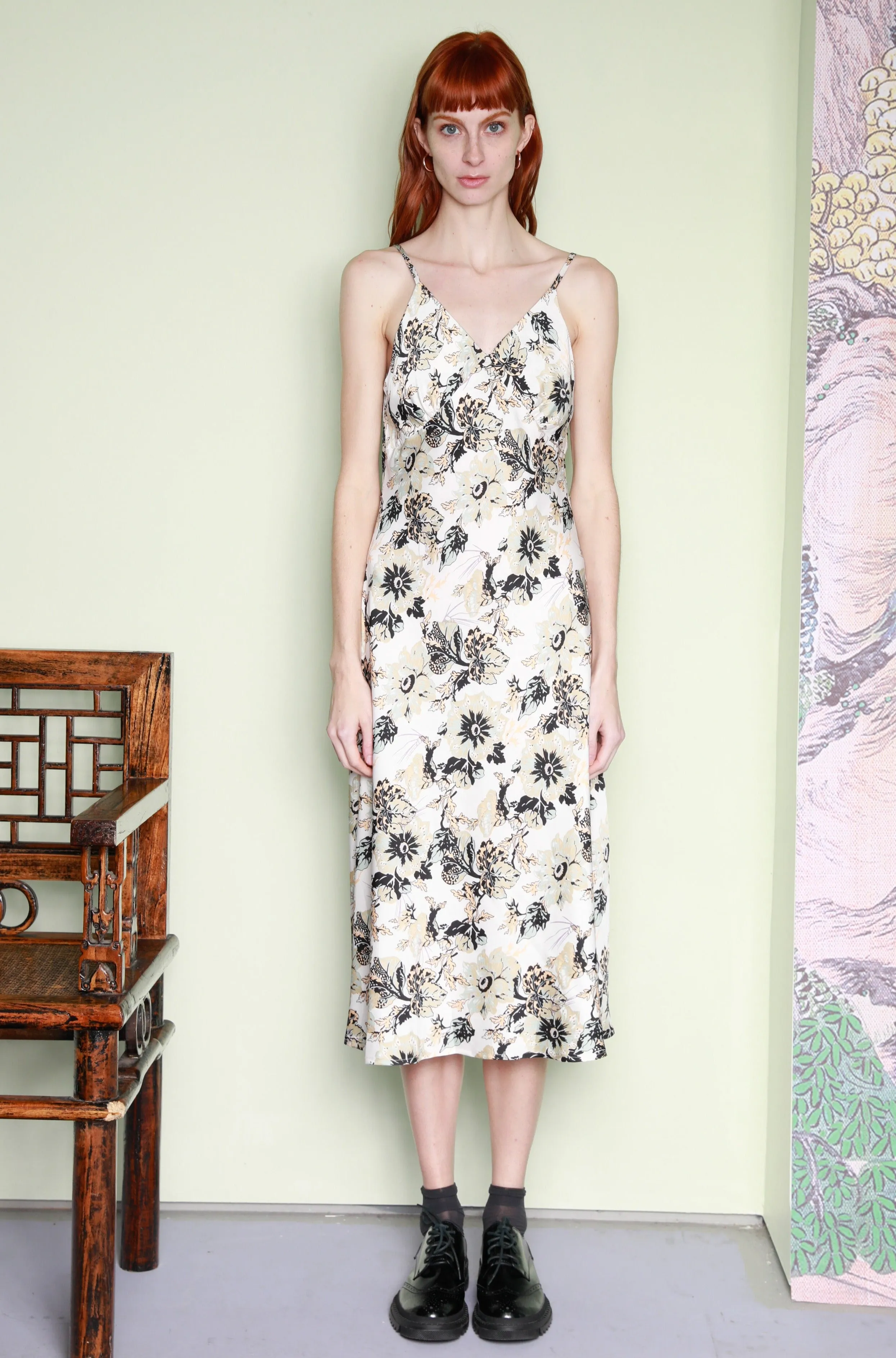 Silk Printed Beige Floral Slip Dress