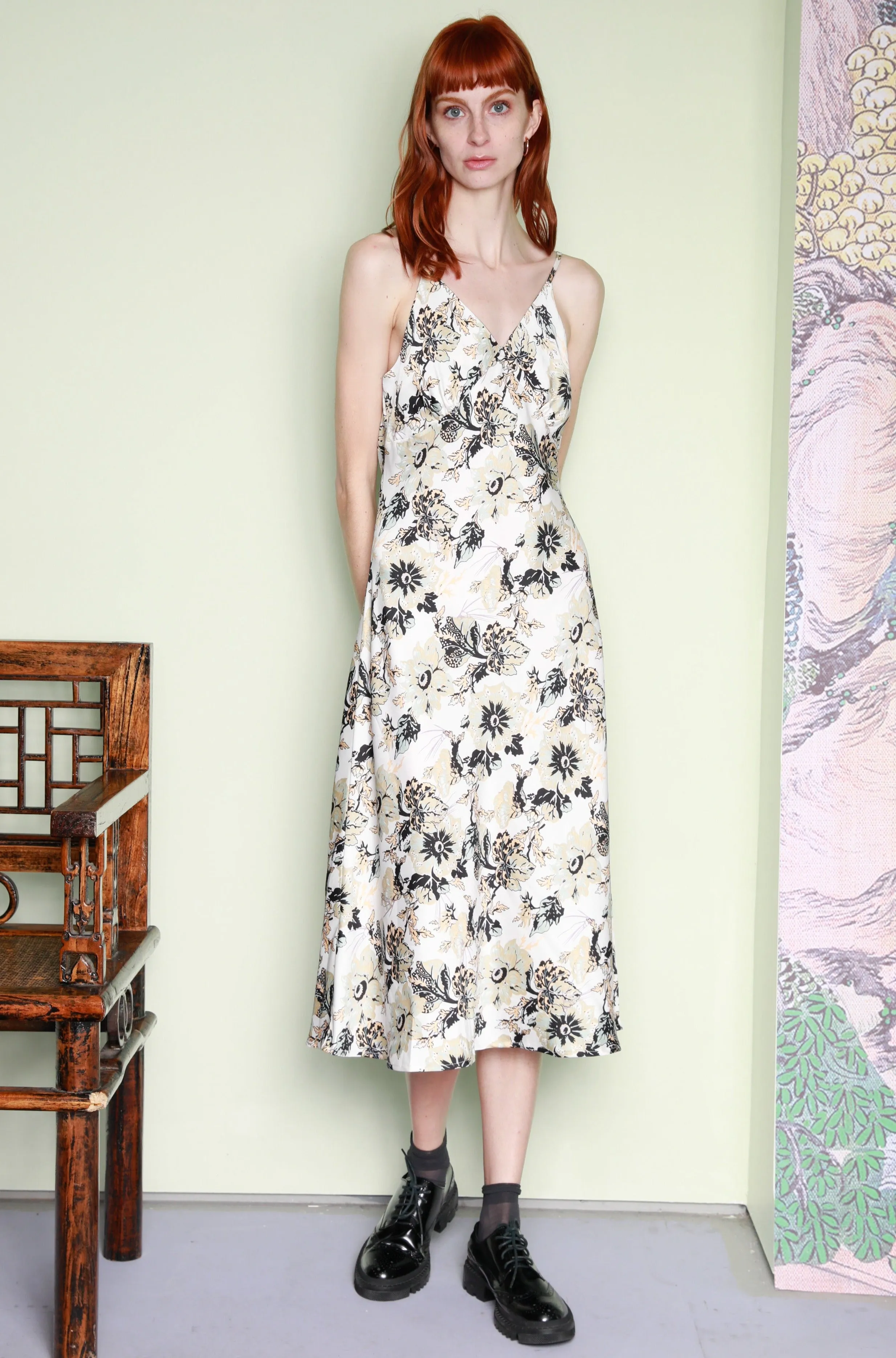 Silk Printed Beige Floral Slip Dress