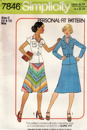 Simplicity 7846 Womens Safari Top & Bias Skirt 1970s Vintage Sewing Pattern Size 10 & 12 UNCUT Factory Folded