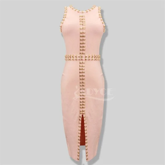 Sleeveless Beading Sexy Split Midi Women Dress