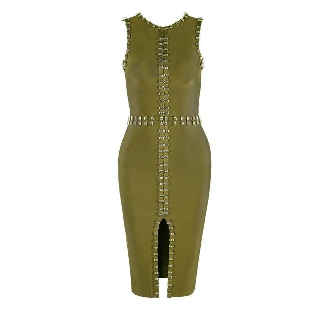 Sleeveless Beading Sexy Split Midi Women Dress