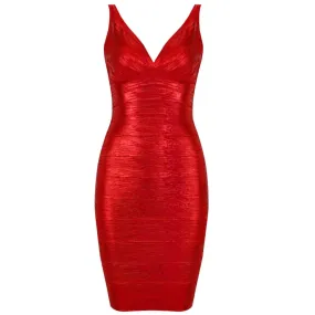 Sleeveless Deep V-neck Foil Print Bandage Midi Dress (4 colors)