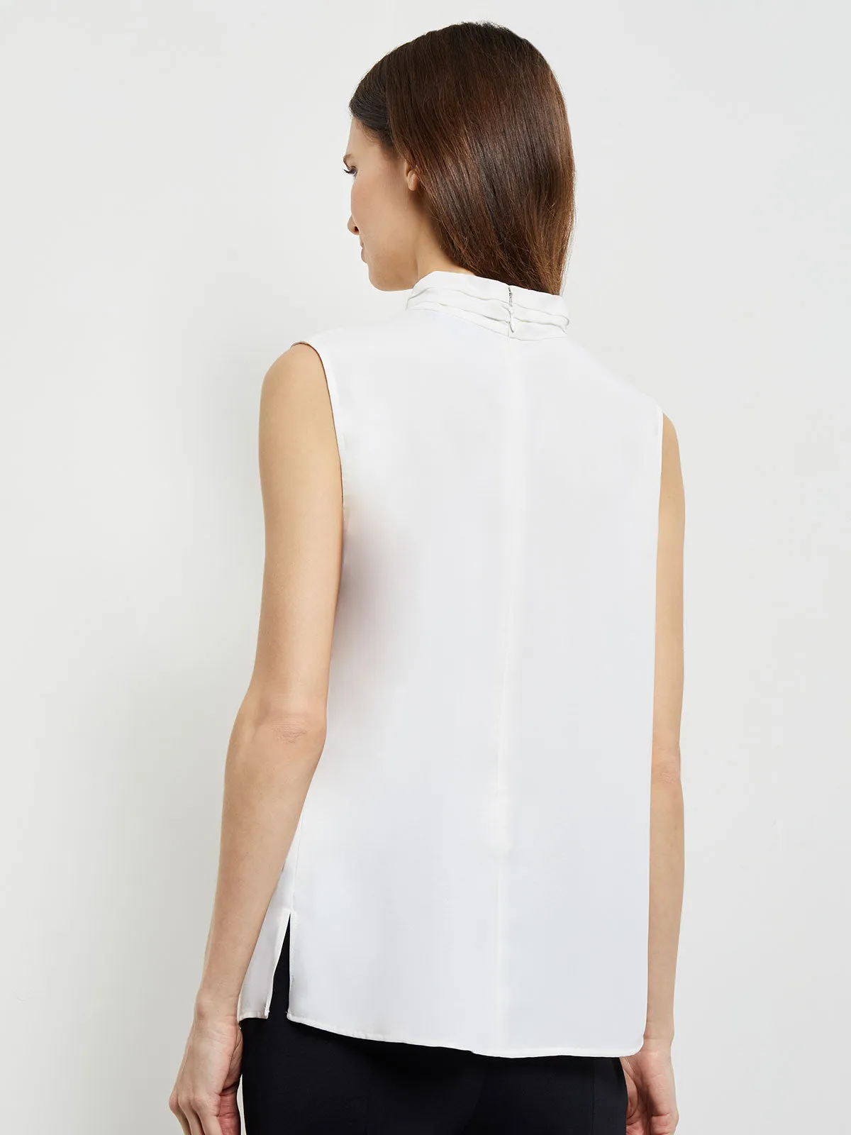 Sleeveless Twist Neck Crepe de Chine Blouse, White