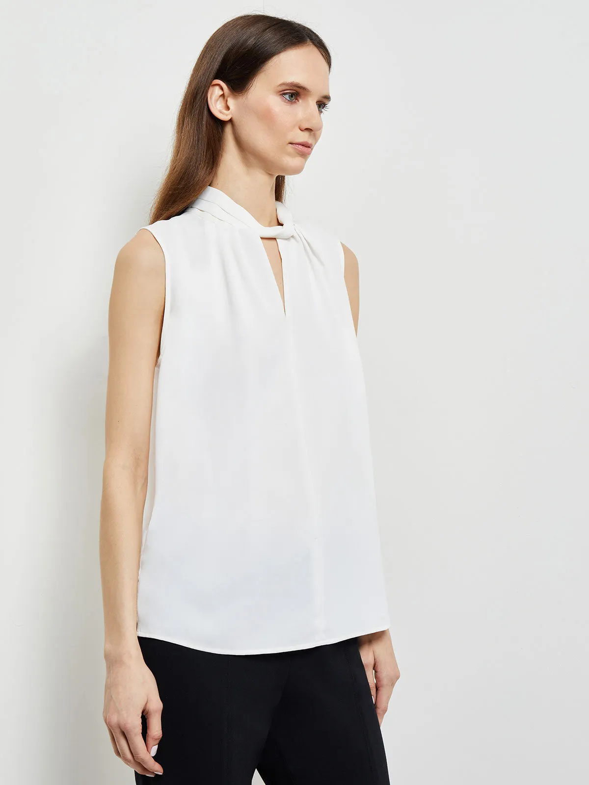 Sleeveless Twist Neck Crepe de Chine Blouse, White