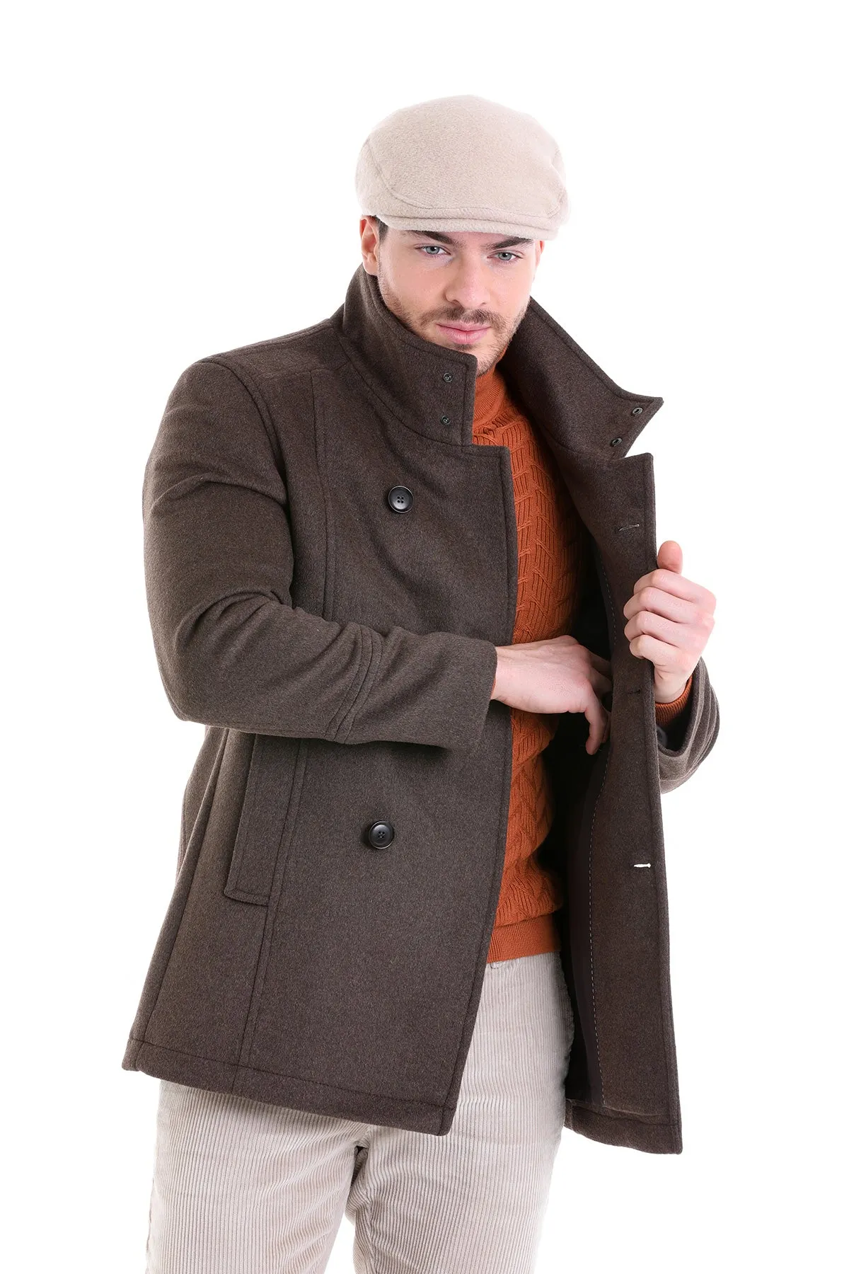 Slim Fit Double Breasted Brown Wool Blend Coat