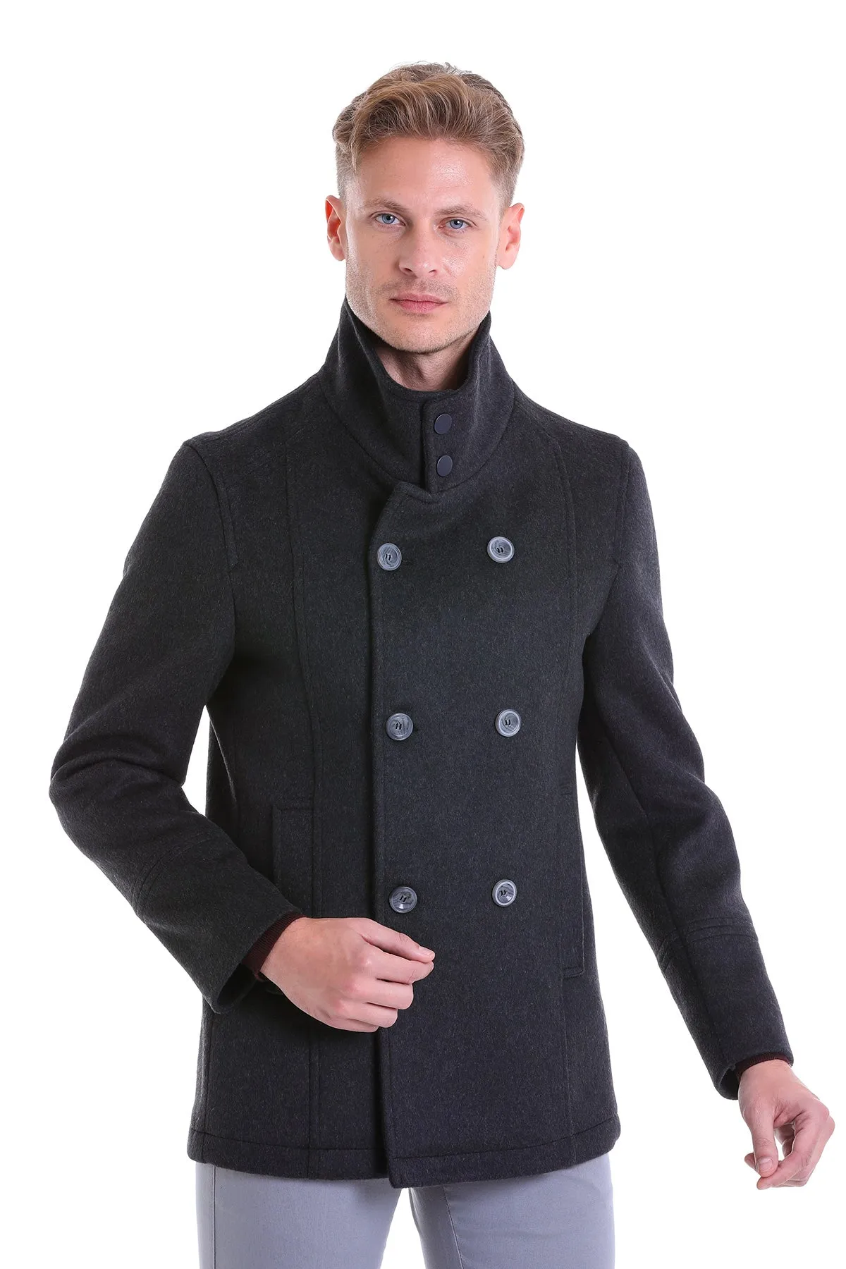 Slim Fit Double Breasted Charcoal Wool Blend Coat