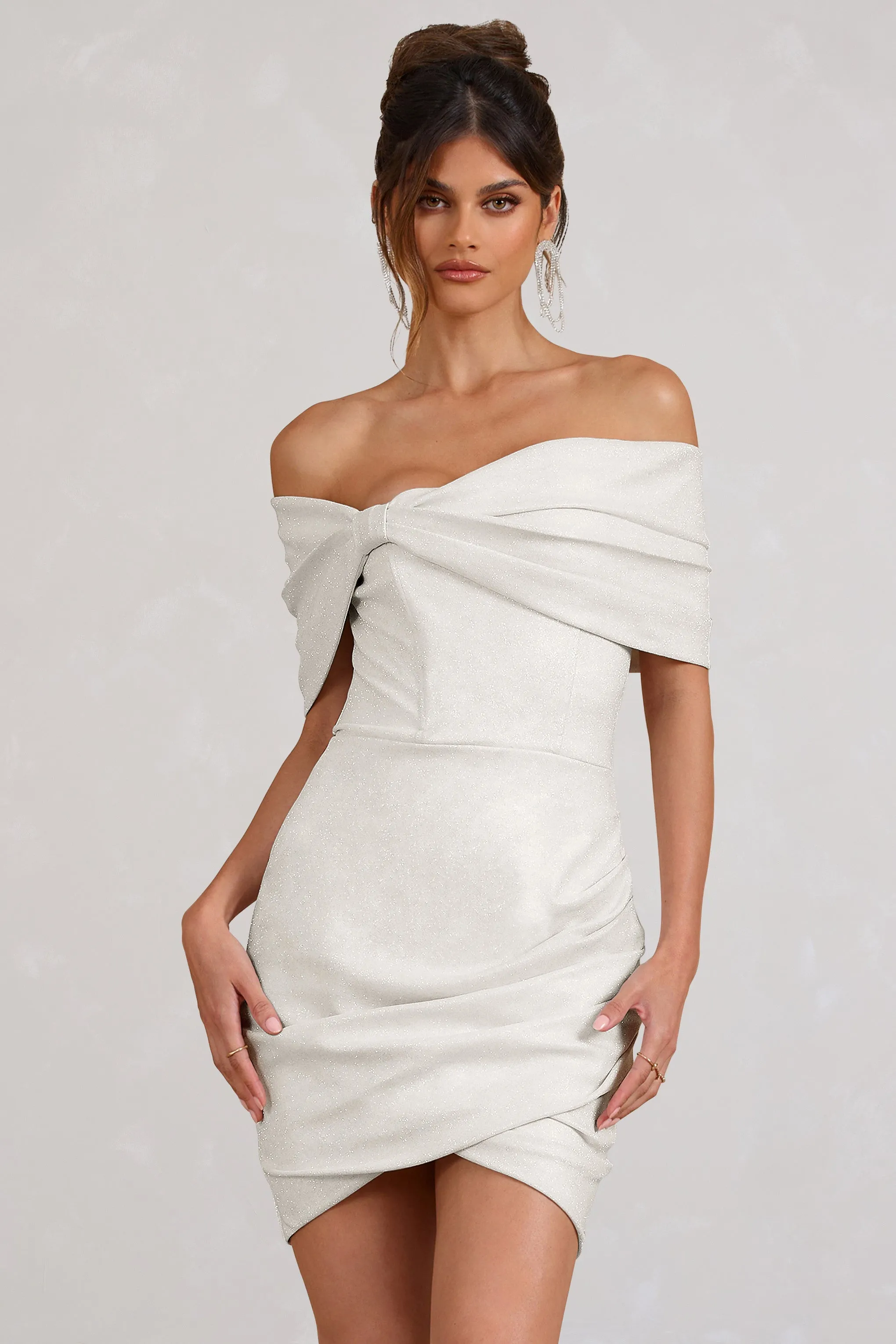 Snowdrop | White Glitter Bardot Wrap Mini Dress