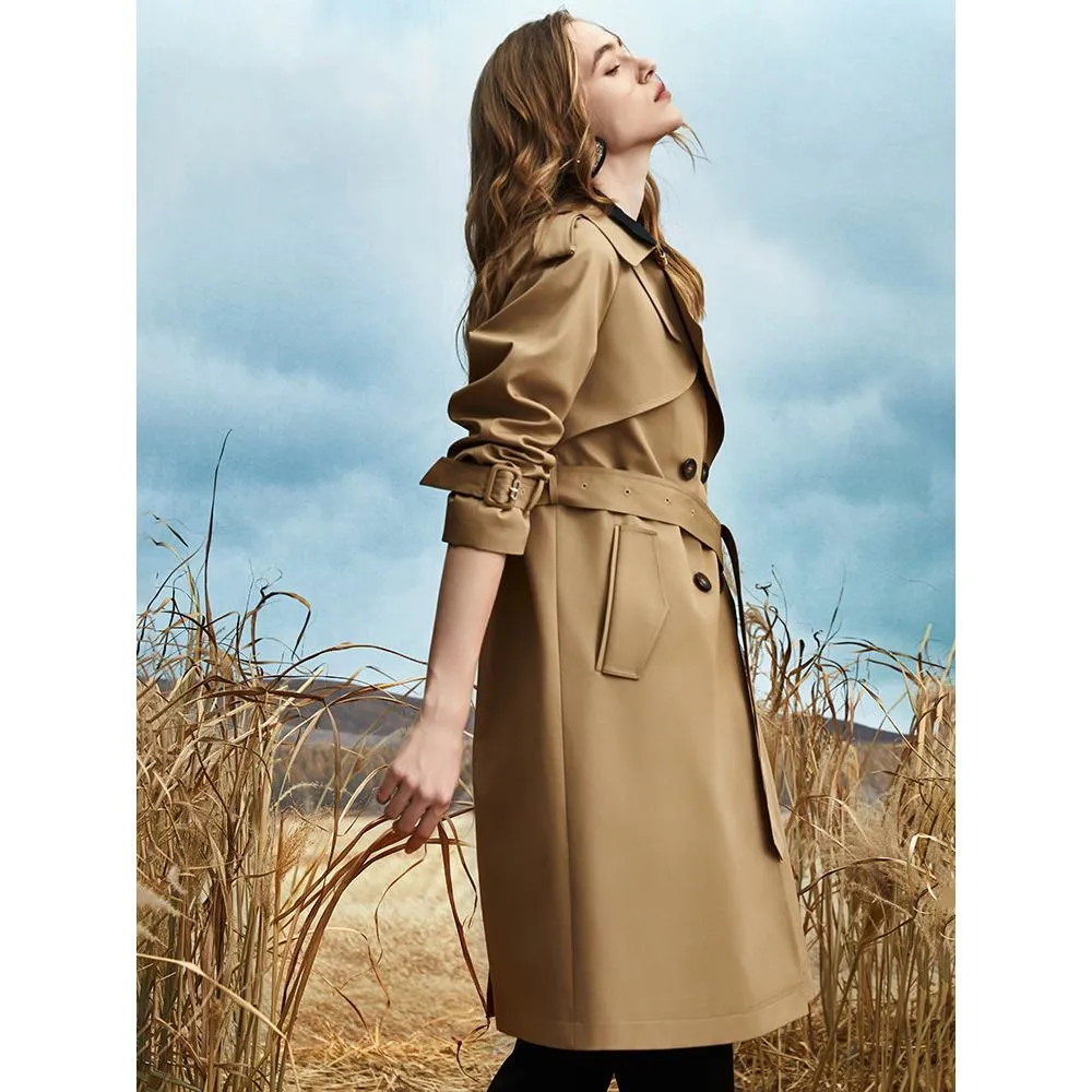 Solid Color Knee-Length Trench Coat