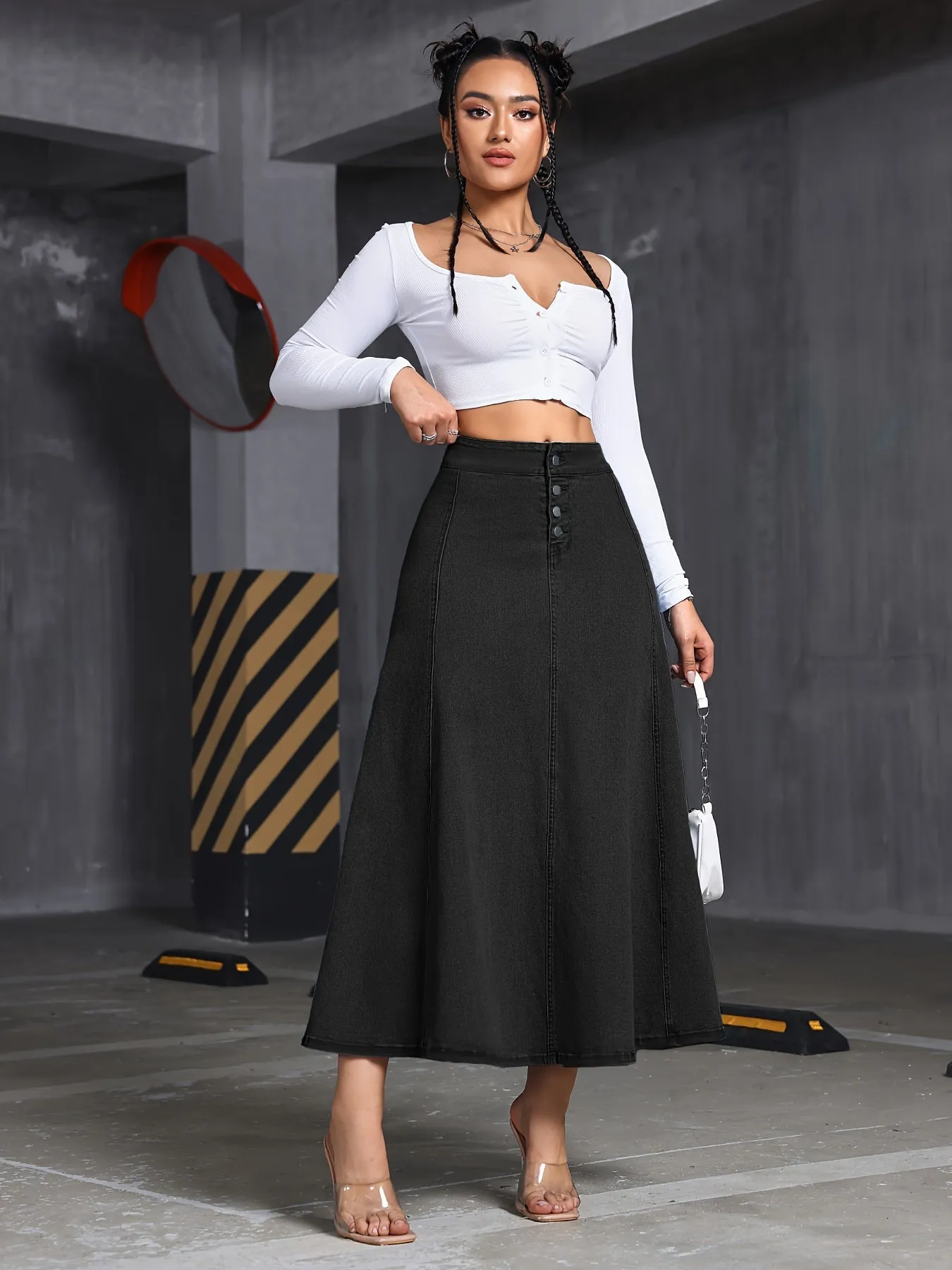 Spring/Summer/Fall Essential: 65% Cotton 35% Polyester Women's High-Waist A-Line Denim Skirt with Button Front Detail, Medium Stretch, Solid Color, Woven Fabric - Flared Long Jean Style