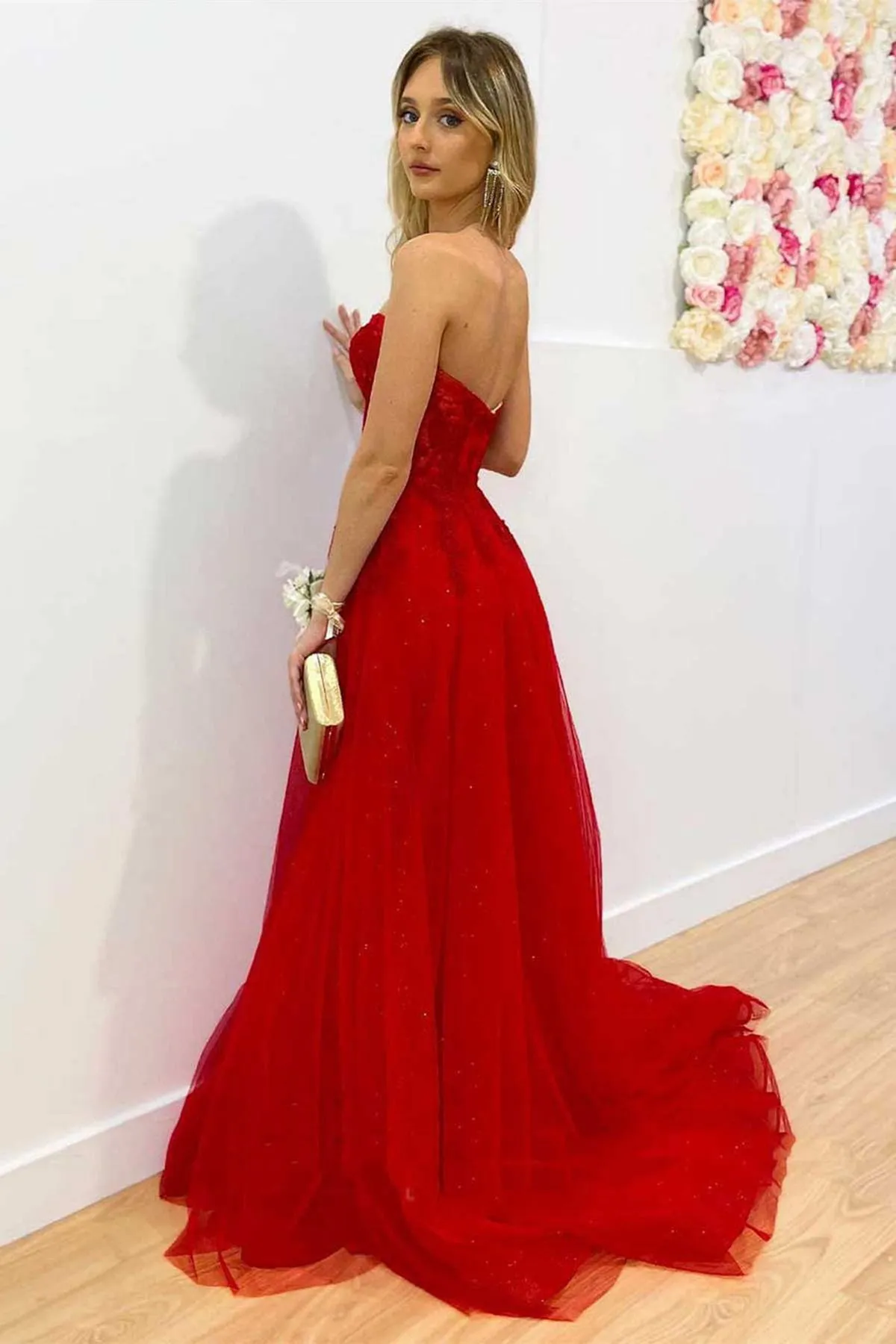 Strapless Red Lace Long Prom Dress, Sweetheart Neck Red Formal Dress, Red Lace Evening Dress A1760