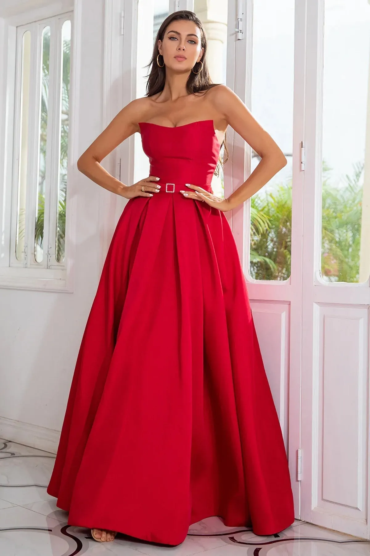 Strapless Red Satin Long Prom Dresses with High Slit, Long Red Formal Graduation Evening Dresses