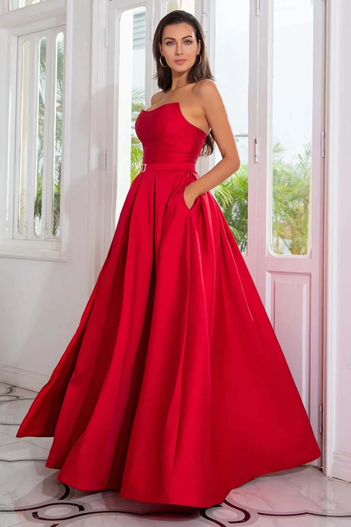 Strapless Red Satin Long Prom Dresses with High Slit, Long Red Formal Graduation Evening Dresses