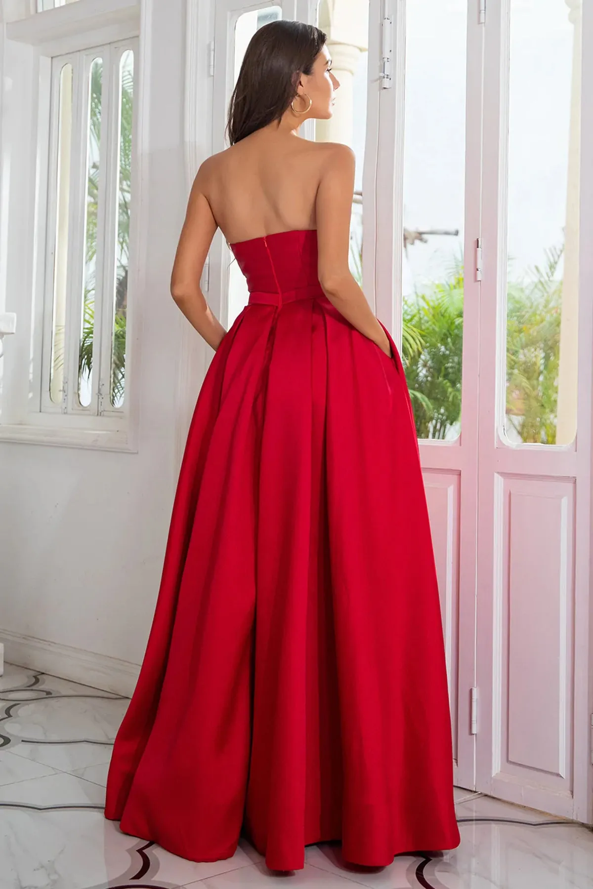 Strapless Red Satin Long Prom Dresses with High Slit, Long Red Formal Graduation Evening Dresses