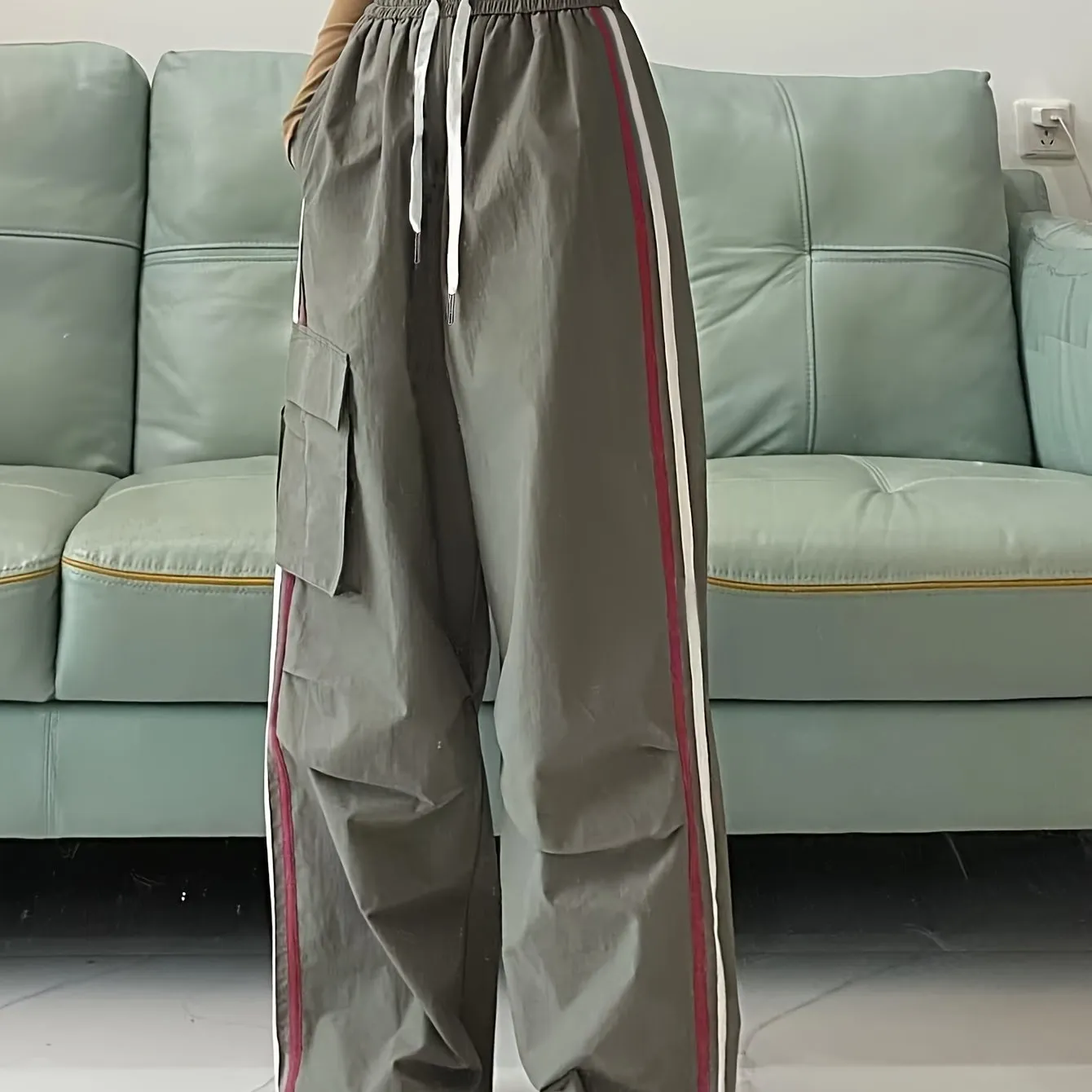 Striped Print Wide Leg Pants, Y2K Drawstring Elastic Waist Flap Pocket Pants For Spring & Summer, Women's Clothing