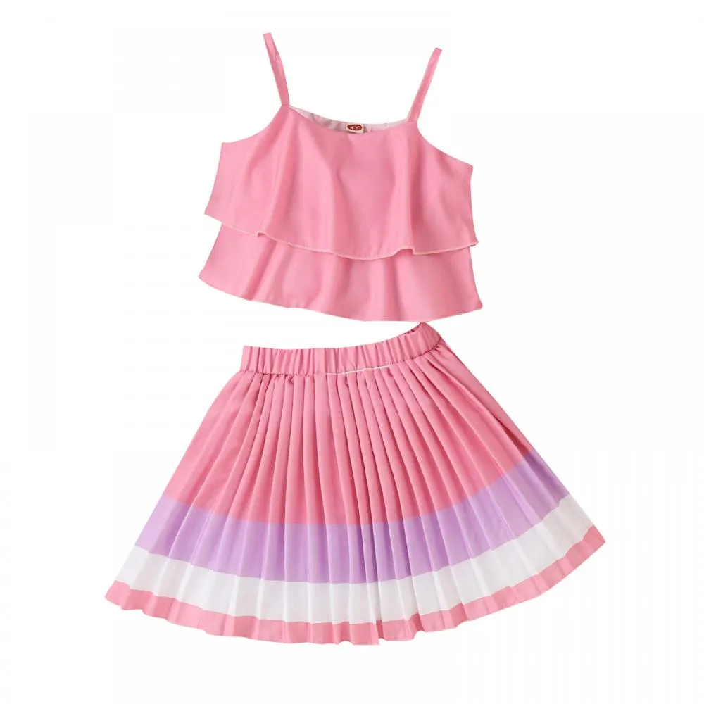 Summer Children's Pullover Suspender Jacket Color Matching Cake Pleated Skirt Girl Suit Wholesale