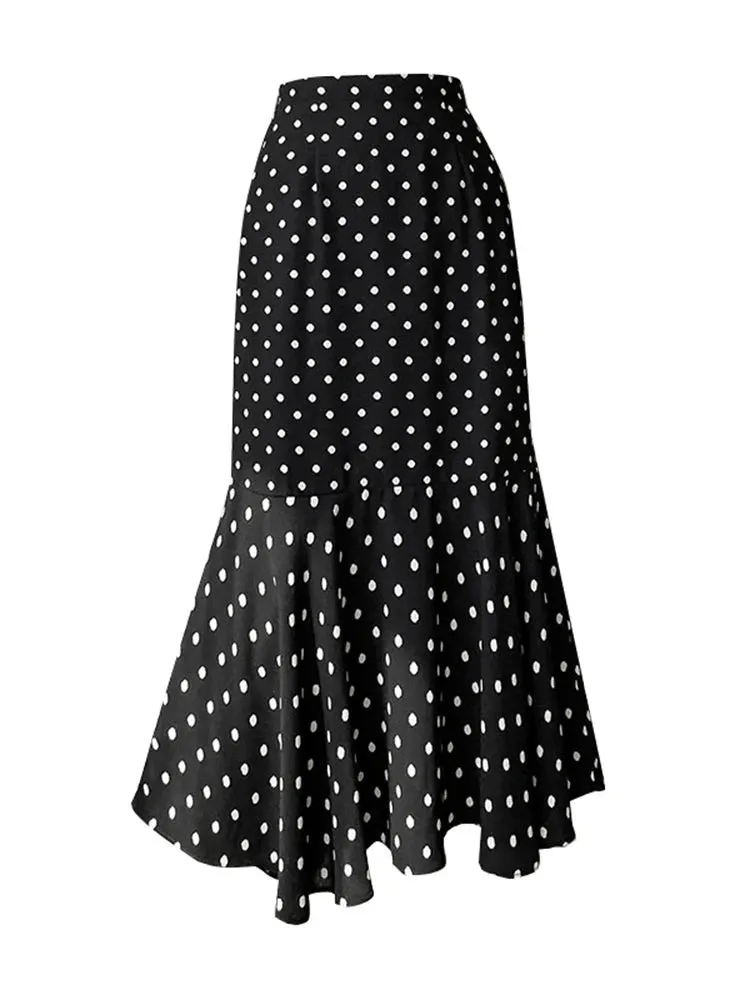 Summer Dot Trumpet Women's Skirts Elastic Waist Slim Chiffon Elegant Female Midi Skirt Slight Stretch Casual Streetwear