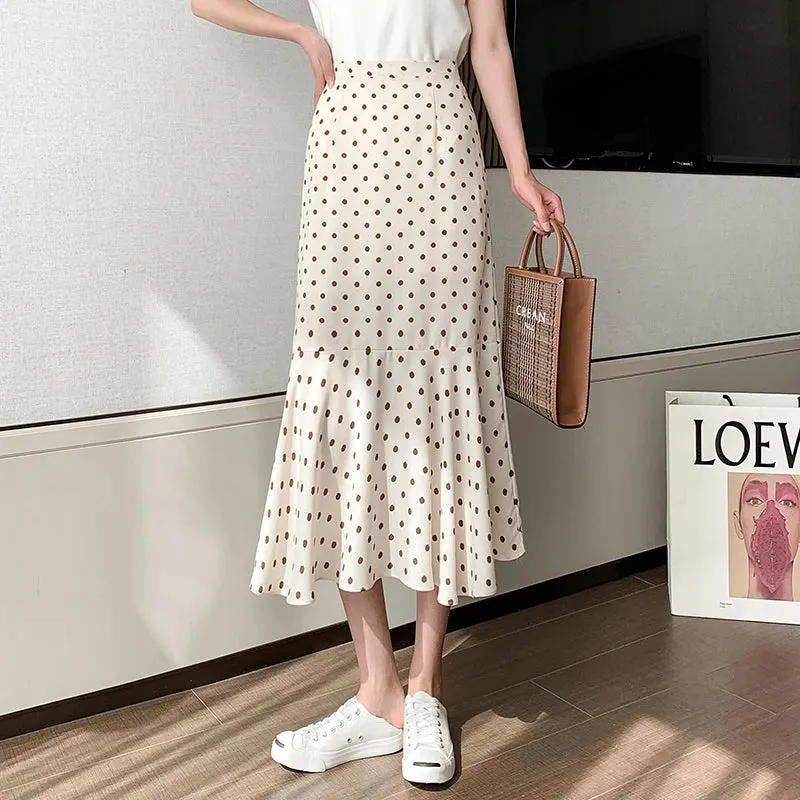 Summer Dot Trumpet Women's Skirts Elastic Waist Slim Chiffon Elegant Female Midi Skirt Slight Stretch Casual Streetwear