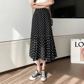 Summer Dot Trumpet Women's Skirts Elastic Waist Slim Chiffon Elegant Female Midi Skirt Slight Stretch Casual Streetwear