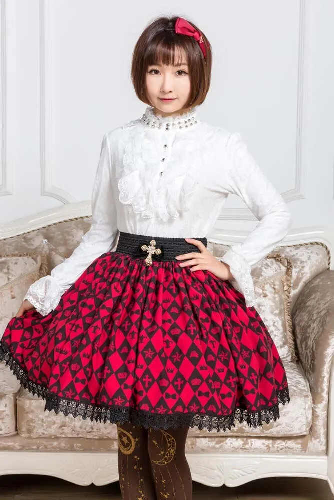 Sweet Deep Red Diamond Checkered Skirt Mori Girl Short Skirt with Lace Trimming